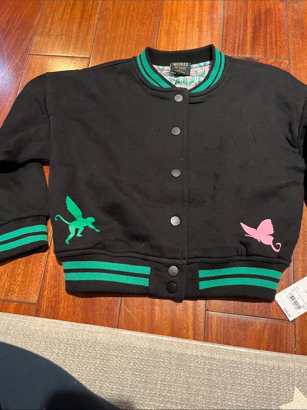 Small 6/7 New Wicked Black Bomber Jacket with Green & Pink Accents
